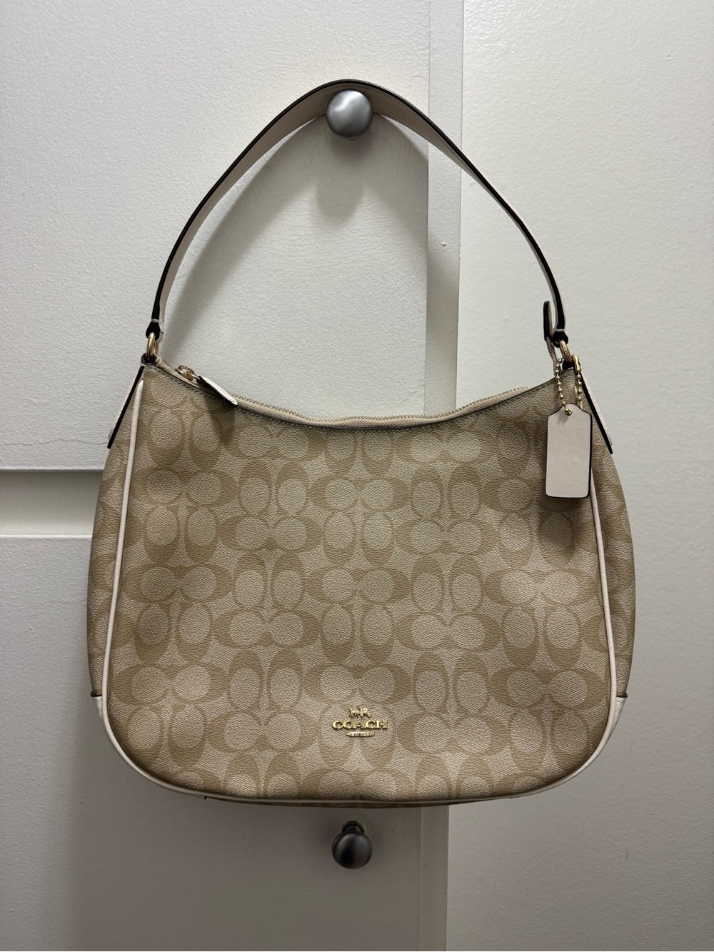 Coach Beige Signature Shoulder Bag with Leather Trim